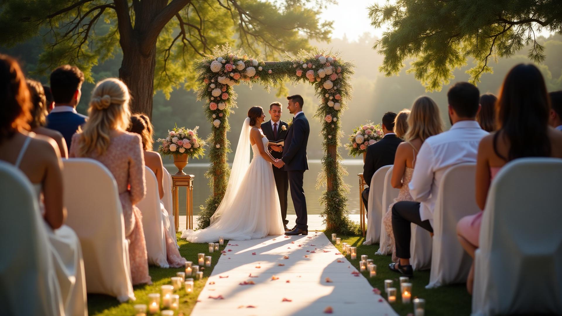 Casamento ao ar livre com arco de flores